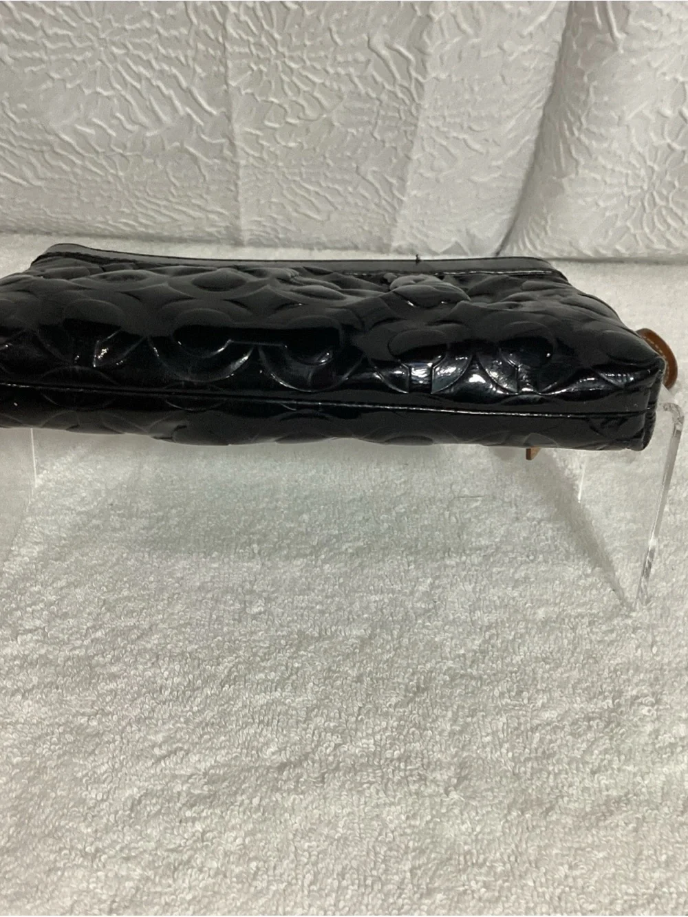 COACH Black Signature Embossed C Patent Leather Bag with Charm & Wrist Strap
